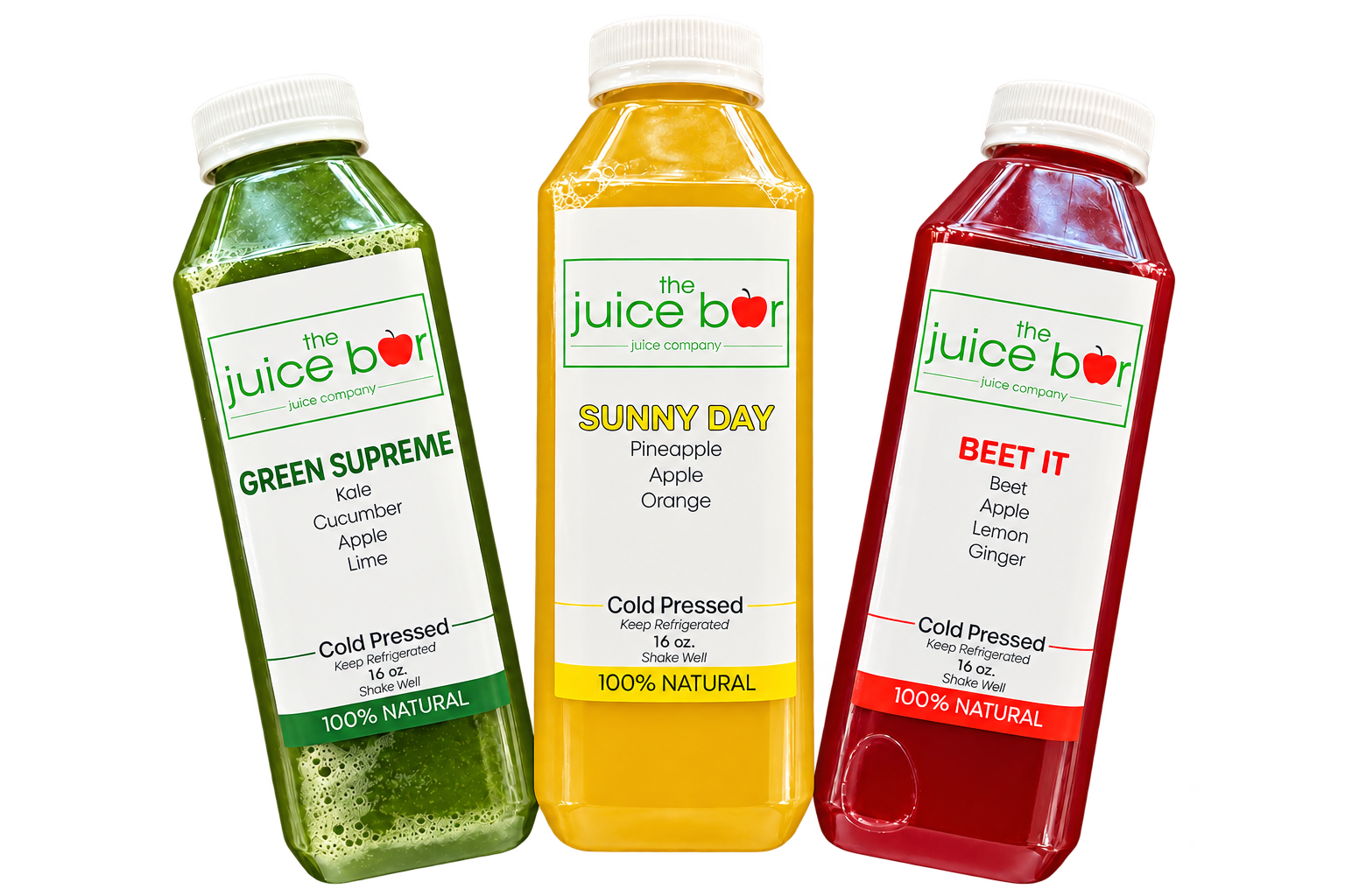 Green Supreme, Sunny Day, and Beet It fresh cold-pressed juice